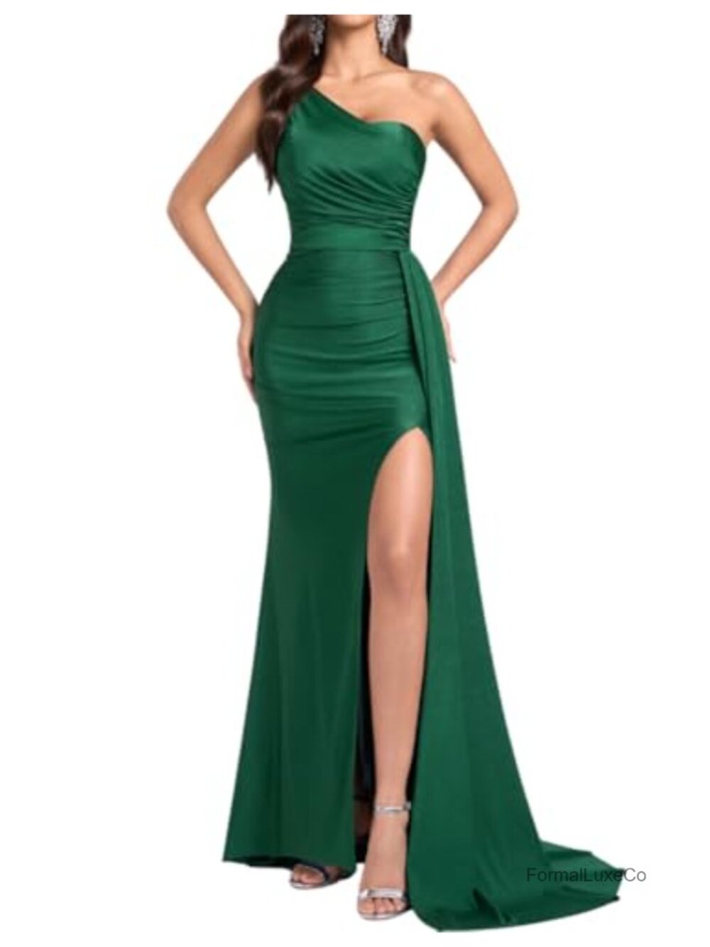 One Shoulder Backless High Split Formal Evening Gown Maxi Dress